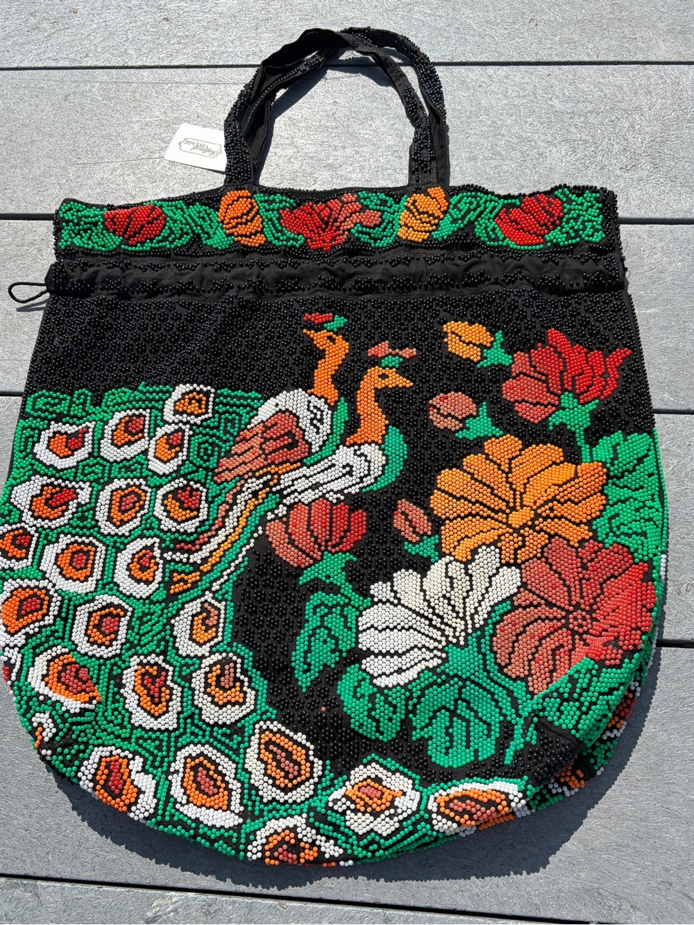 Vintage 1970s Hand-Beaded Black Tote Bag Peacock & Floral. Draw string.